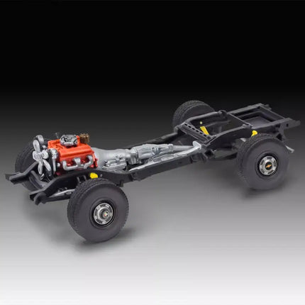 Detailed model of a Chevrolet K5 Blazer chassis with engine in 1/25 scale, showcasing Revell craftsmanship.