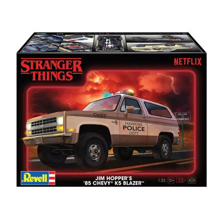 Revell 1/25 scale model kit of Jim Hopper's '85 Chevy K5 Blazer from Stranger Things, featuring police details.