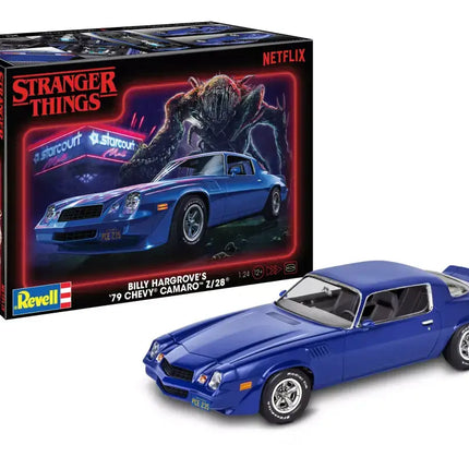 Revell 1/25 scale model of Billy Hargrove’s '79 Chevy Camaro Z/28 from Stranger Things, featuring blue finish and packaging.