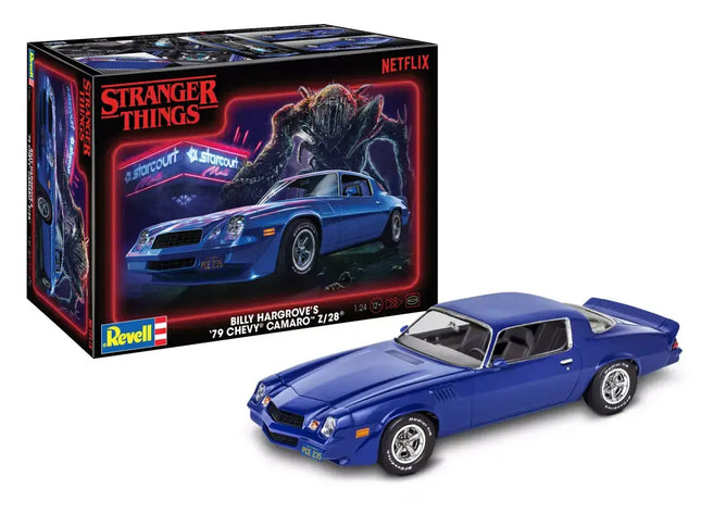 Revell 1/25 scale model of Billy Hargrove’s '79 Chevy Camaro Z/28 from Stranger Things, featuring blue finish and packaging.