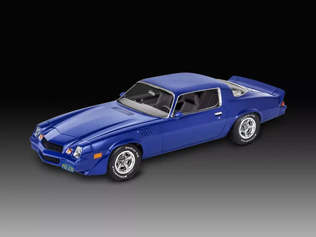 Revell 1/25 scale model of Billy Hargrove's '79 Chevy Camaro Z/28 from Stranger Things, featuring detailed blue exterior.