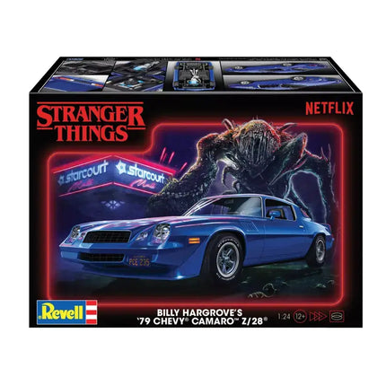 Revell 14560 Billy Hargrove's 79 Chevy Camaro Z/28 model kit from Stranger Things, featuring a blue Camaro and retro design.