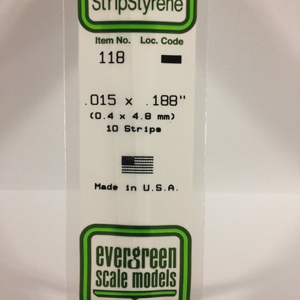 Evergreen 118 .015" x .188" White Styrene Strip All Scales - package