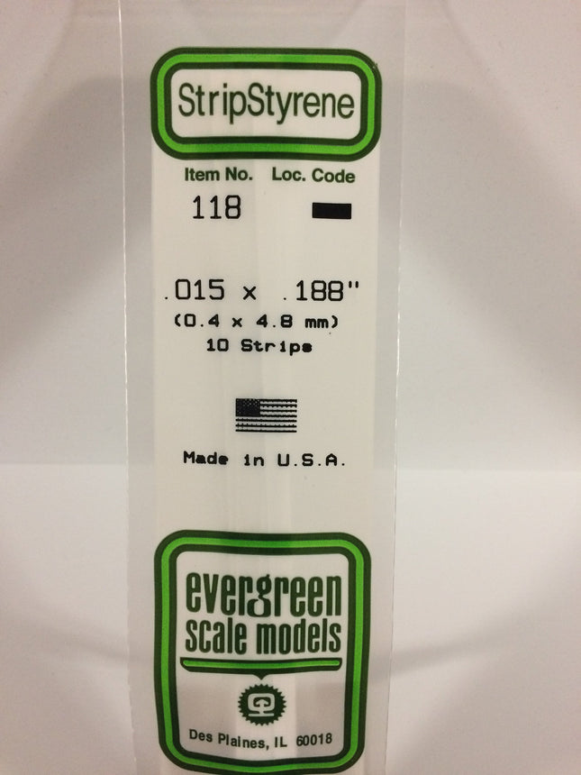 Evergreen 118 .015" x .188" White Styrene Strip All Scales - package