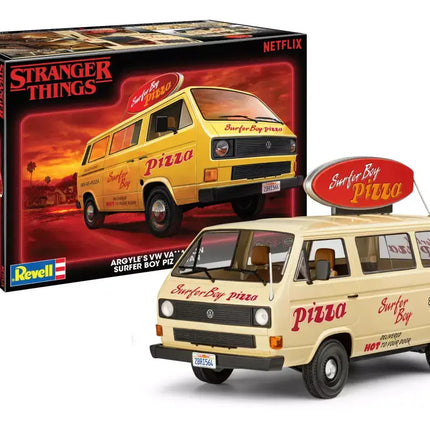 Revell Argyle's VW Vanagon Surfer Boy Pizza Van model kit from Stranger Things, 1/25 scale with detailed features.