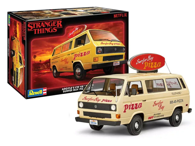 Revell Argyle's VW Vanagon Surfer Boy Pizza Van model kit from Stranger Things, 1/25 scale with detailed features.