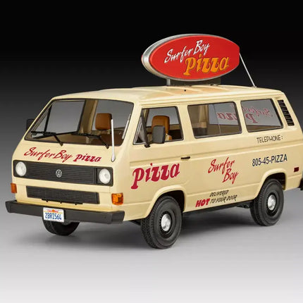 Revell 1/25 scale Surfer Boy Pizza VW Vanagon model from Stranger Things, featuring detailed design and iconic pizza sign.