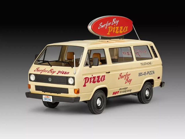 Revell 1/25 scale Surfer Boy Pizza VW Vanagon model from Stranger Things, featuring detailed design and iconic pizza sign.