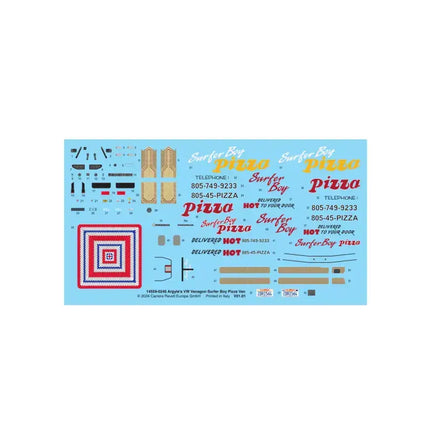 Decals sheet for Revell Argyle's VW Vanagon Surfer Boy Pizza Van model kit, featuring pizza delivery graphics.