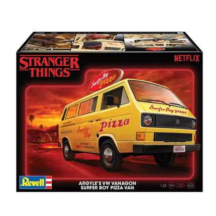 Revell Argyle's VW Vanagon Surfer Boy Pizza Van model kit from Stranger Things, 1:25 scale, featuring iconic yellow design.