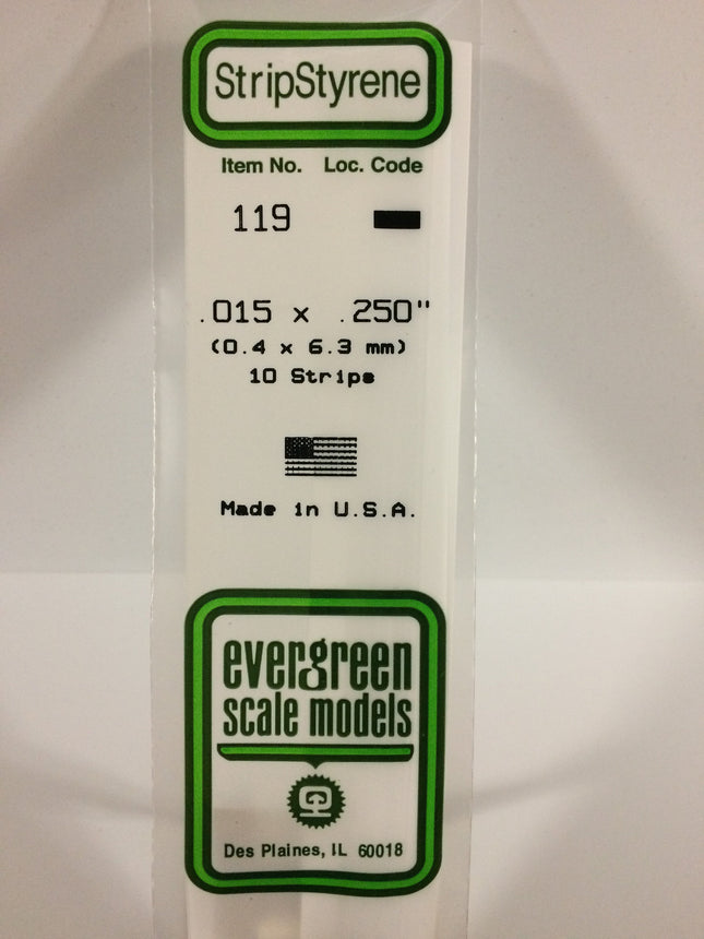 Evergreen 119 .015" x .250" White Styrene Strip All Scales - package