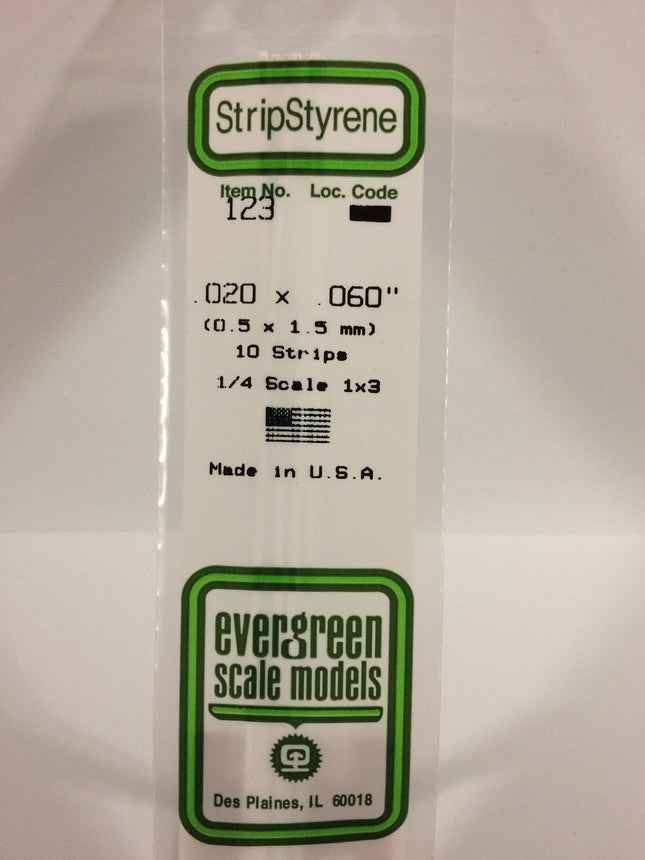 Evergreen 123 .020" x .060" White Styrene Strip All Scales - package