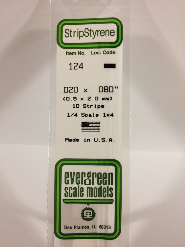 Evergreen 124 .020" x .080" White Styrene Strip All Scales - package