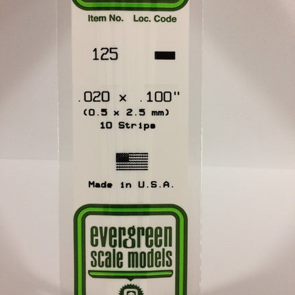 Evergreen 125 .020" x .100" White Styrene Strip All Scales - package
