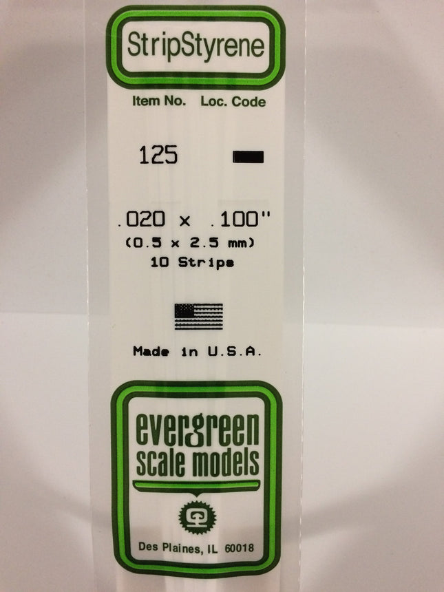 Evergreen 125 .020" x .100" White Styrene Strip All Scales - package