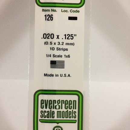 Evergreen 126 .020" x .125" White Styrene Strip All Scales - package
