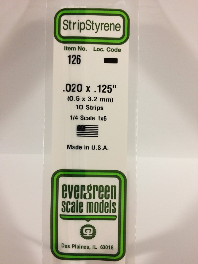 Evergreen 126 .020" x .125" White Styrene Strip All Scales - package