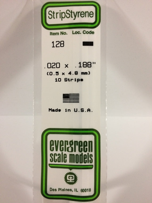 Evergreen 128 .020" x .188" White Styrene Strip All Scales - package