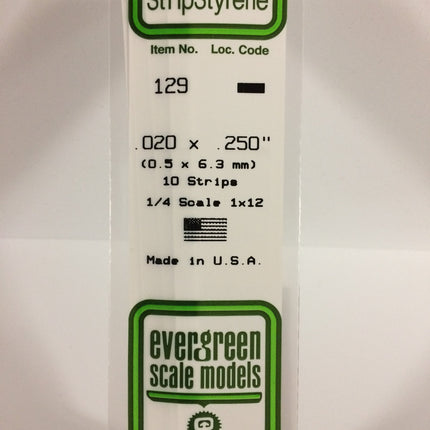 Evergreen 129 .020" x .250" White Styrene Strip All Scales - package