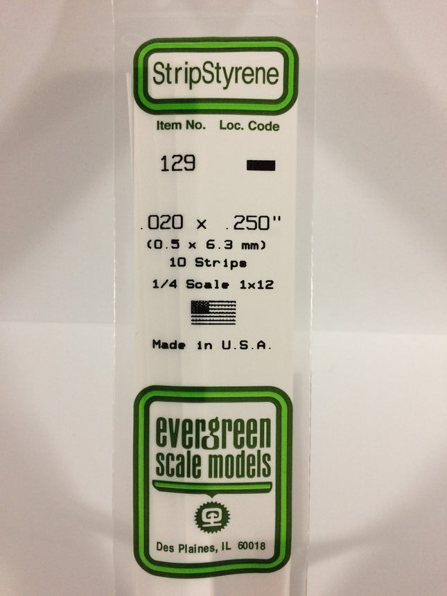 Evergreen 129 .020" x .250" White Styrene Strip All Scales - package