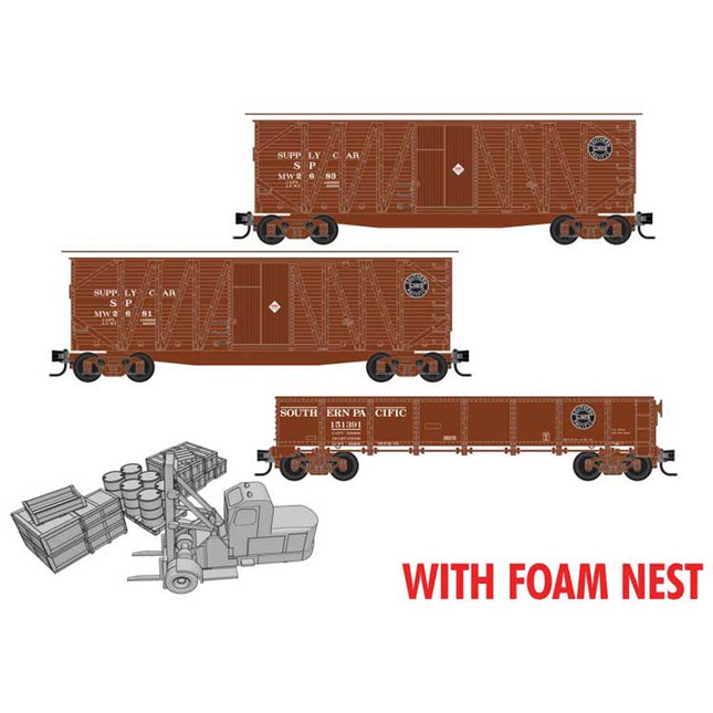 Micro Trains 993 02 235 | 2 x 40' Wood Boxcars, 40' GS Gondola, Forklift & Cargo Kit Set (Foam) - Ready to Run - Southern Pacific #MW 2681, 2683, 151391 (MOW Scheme, Unpainted Accessories) | N Scale