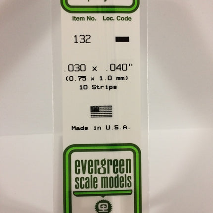 Evergreen 132 .030" x .040" White Styrene Strip All Scales - package