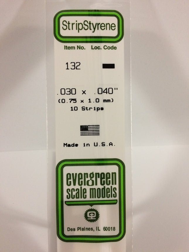 Evergreen 132 .030" x .040" White Styrene Strip All Scales - package