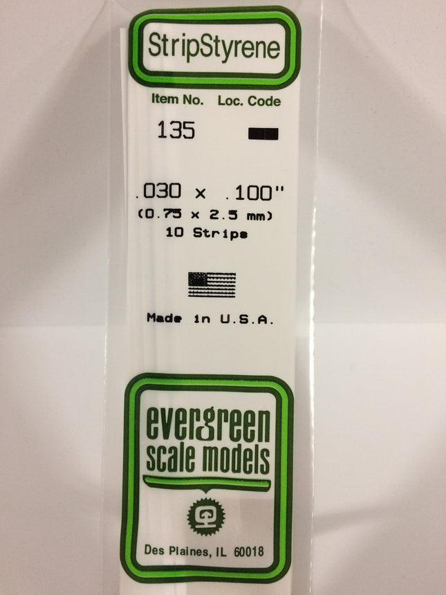 Evergreen 135 .030" x .100" White Styrene Strip All Scales - package