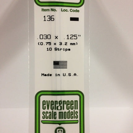 Evergreen 136 .030" x .125" White Styrene Strip All Scales - package