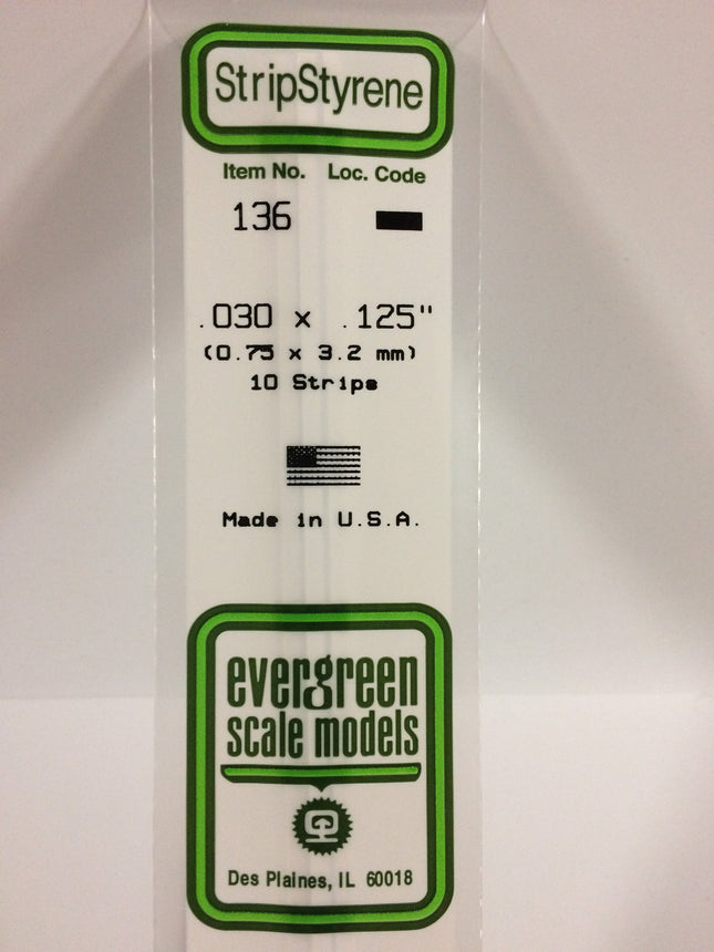 Evergreen 136 .030" x .125" White Styrene Strip All Scales - package