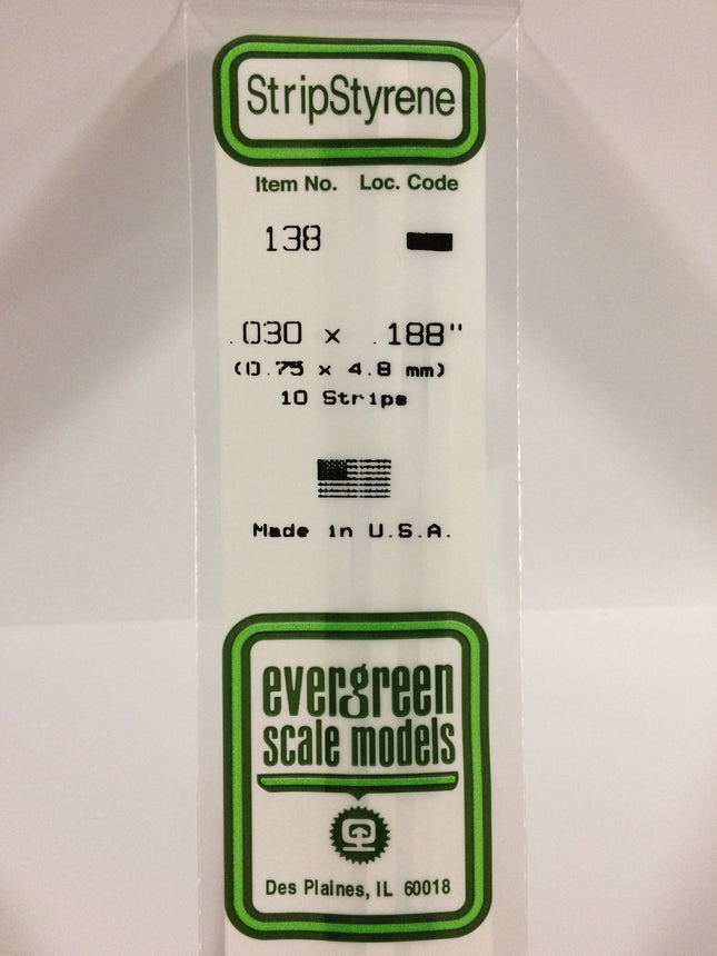 Evergreen 138 .030" x .188" White Styrene Strip All Scales - package