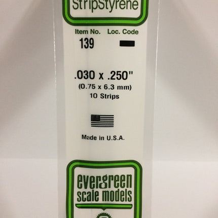 Evergreen 139 .030" x .250" White Styrene Strip All Scales - package