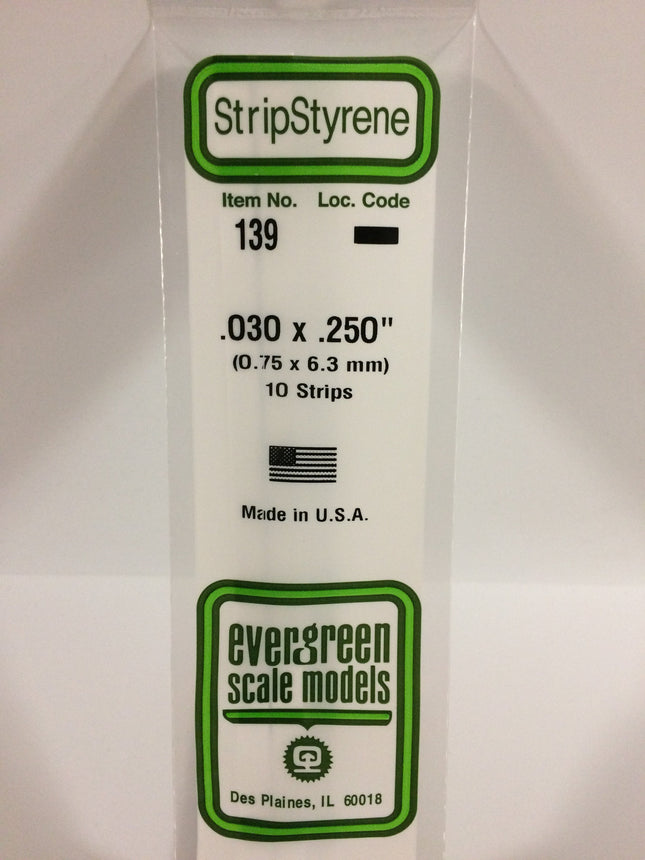 Evergreen 139 .030" x .250" White Styrene Strip All Scales - package