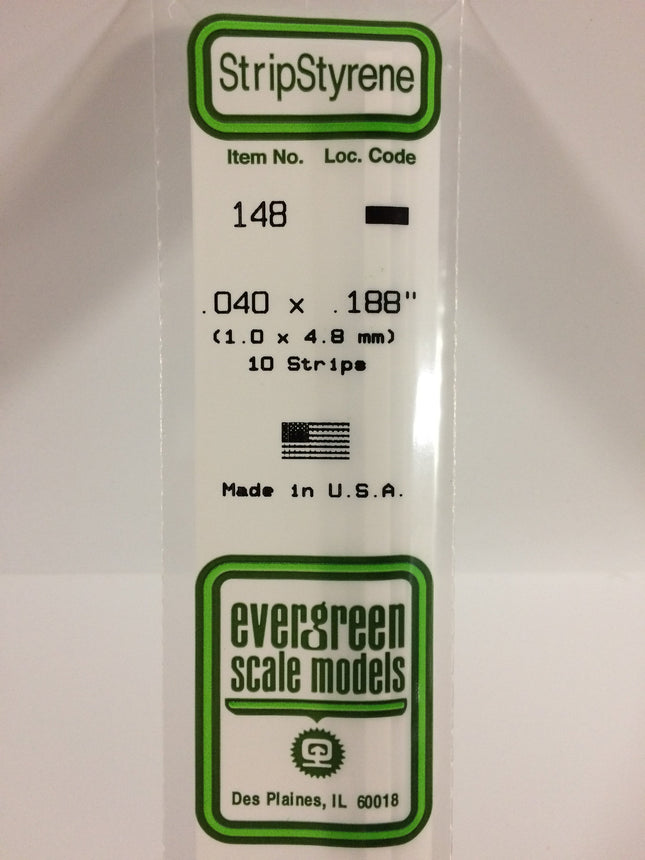 Evergreen 148 .040" x .188" White Styrene Strip All Scales - package