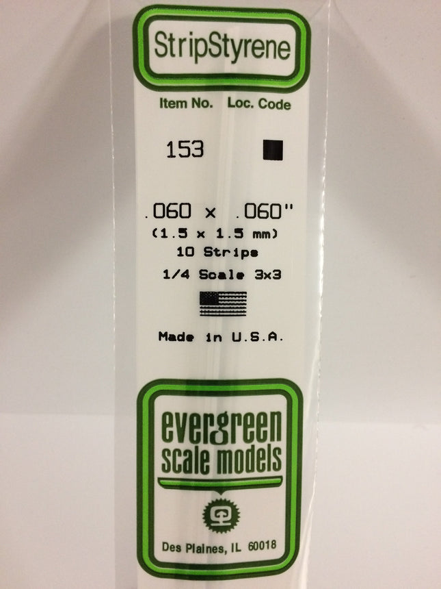 Evergreen 153 .060" x .060" White Styrene Strip All Scales - package