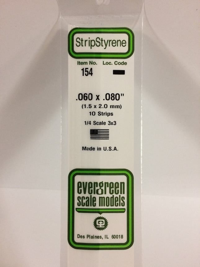 Evergreen 154 .060" x .080" White Styrene Strip All Scales - package