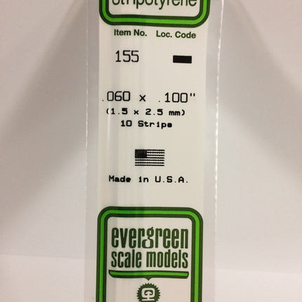 Evergreen 155 .060" x .100" White Styrene Strip All Scales - package