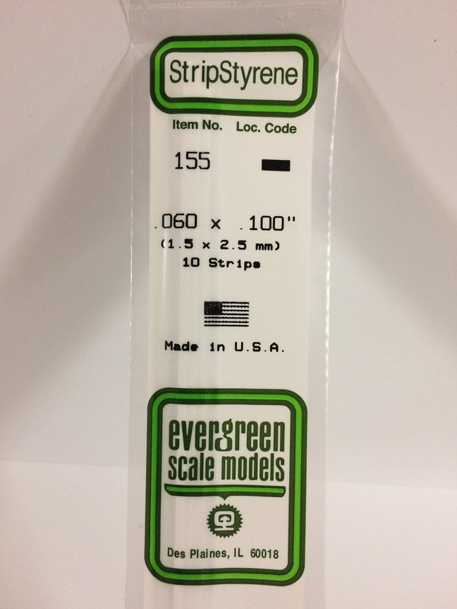 Evergreen 155 .060" x .100" White Styrene Strip All Scales - package