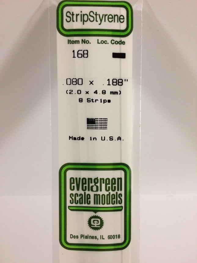 Evergreen 168 .080" x .188" White Styrene Strip All Scales - package