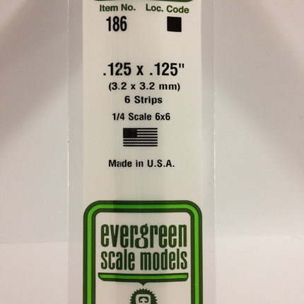 Evergreen 186 .125" x .125" White Styrene Strip All Scales - package