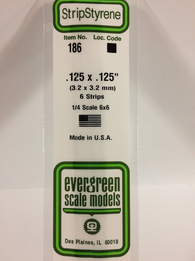 Evergreen 186 .125" x .125" White Styrene Strip All Scales - package