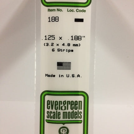 Evergreen 188 .125" x .188" White Styrene Strip All Scales - package