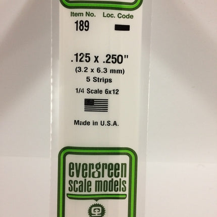 Evergreen 189 .125" x .250" White Styrene Strip All Scales - package