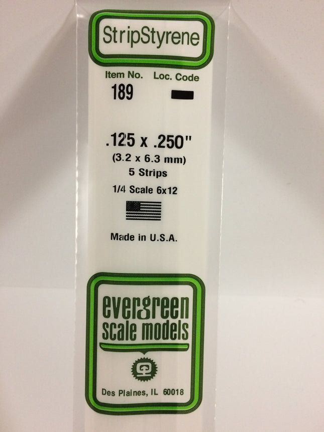 Evergreen 189 .125" x .250" White Styrene Strip All Scales - package