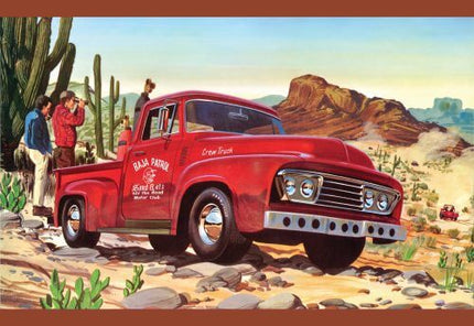 1953 Ford Pickup Baja Patrol model kit image with desert backdrop and people taking photos.