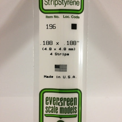 Evergreen 196 .188" x .188" White Styrene Strip All Scales - package