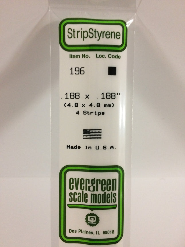 Evergreen 196 .188" x .188" White Styrene Strip All Scales - package