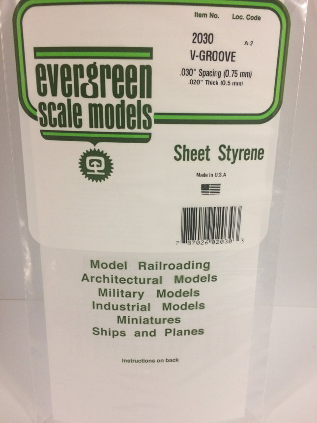 Evergreen 2030 .030" White Styrene V Groove Siding All Scales - package