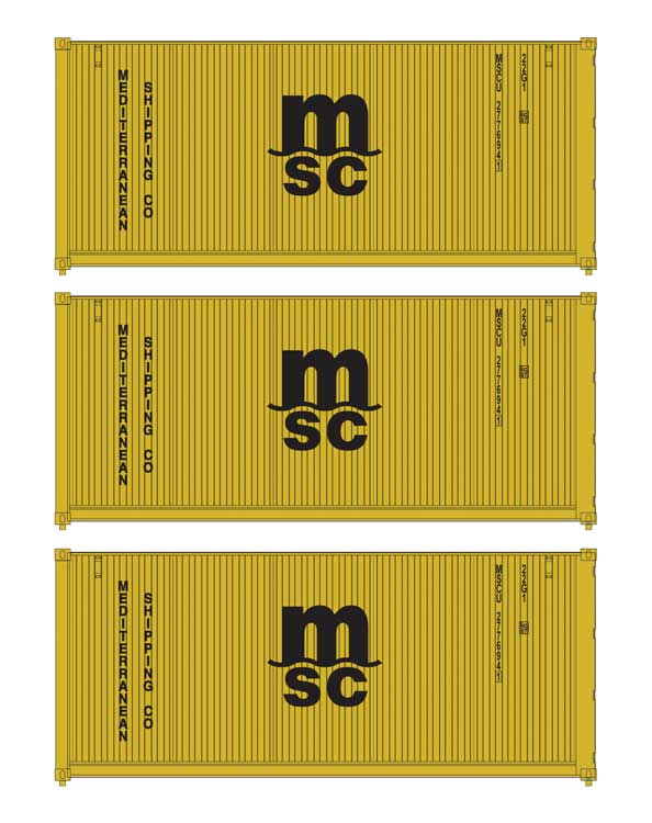 Walthers SceneMaster 949-18054 HO scale 20' fully corrugated container 3-pack in Mediterranean Shipping Co. yellow