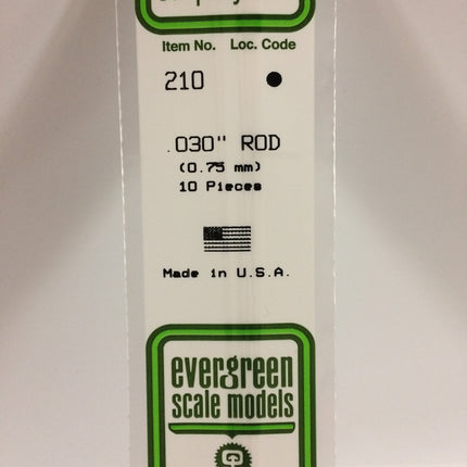 Evergreen 210 .030" (.75mm) OD White Styrene Rod All Scales - package